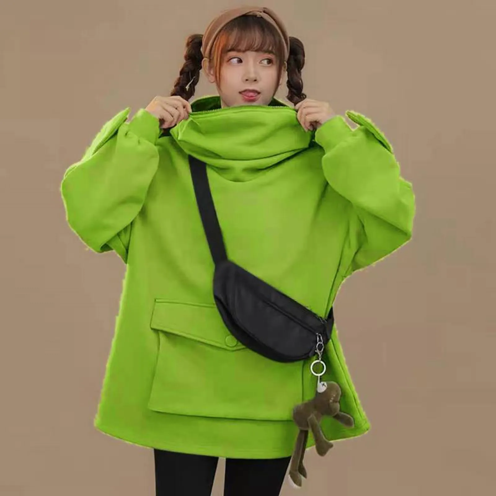 

2021 New Women Autumn Winter Sweatershirt Fashion Soft Cotton Hooded Jackets Coats Lady Cute Pocket Design Pullover Streetwear