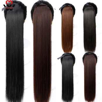 

MANWEI Long Straight Drawstring Synthetic Ponytail Black/Brown Heat Resistance Hairpiece Clip In Hair Extension for Woman