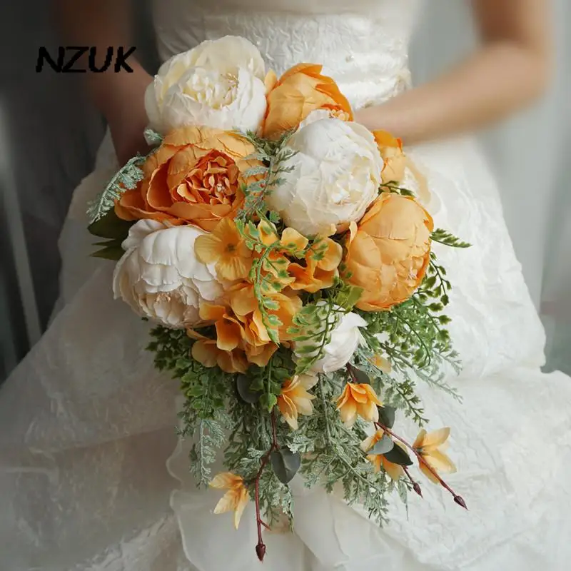 

NZUK Luxury Orange&White Peony Wedding Bouquet Waterfall Pearl Tear Drop flowers Artificial Cascading fleur mariage