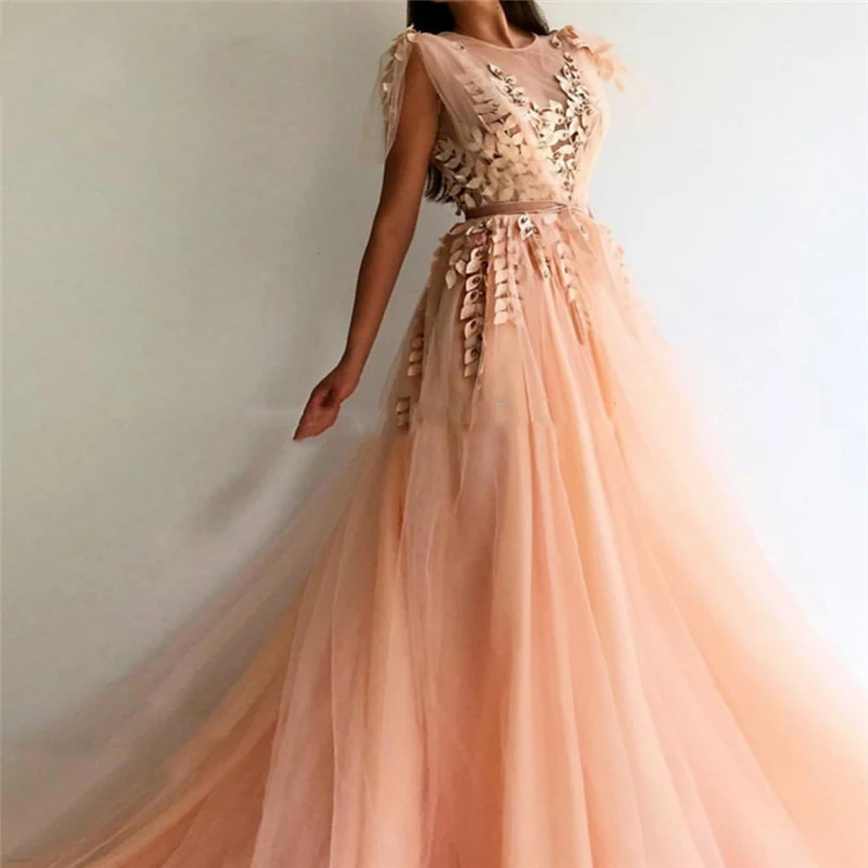 

Peach Tulle A Line Evening Formal Dresses 2019 Sheer Neck Sleeveless Appliques Long Prom Party Dress Custom Elegant Pageant Gown