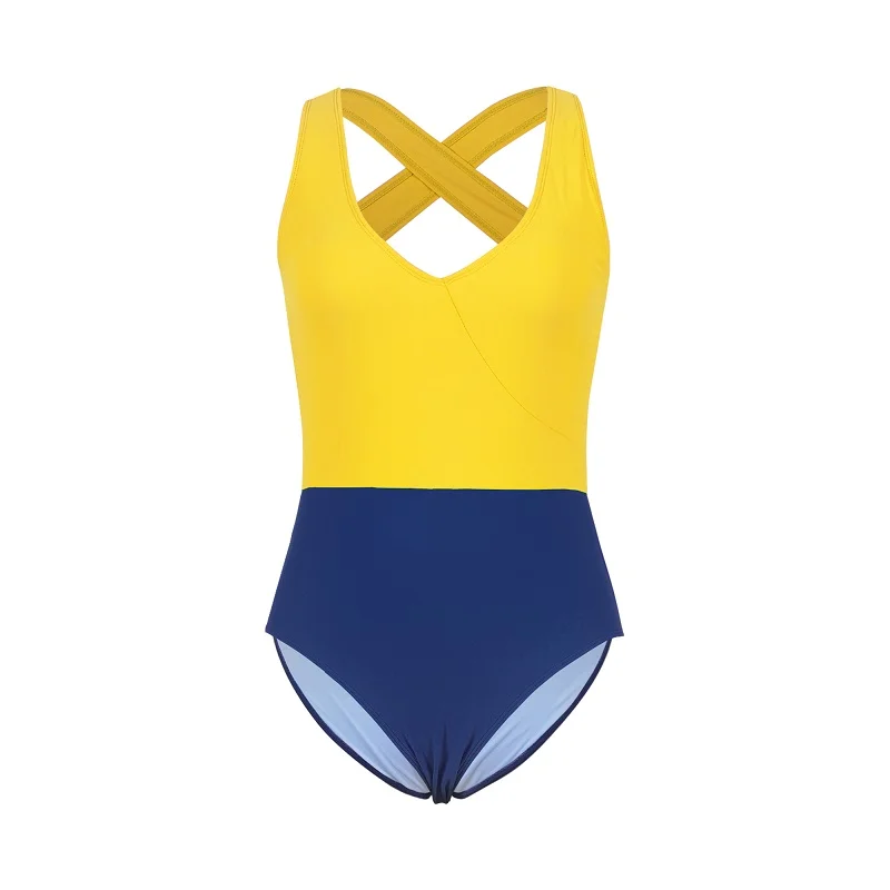 WERIDEDIRT 2020 New Women's Open Back Conservative One-Piece Swimsuit Solid Color Splicing Cross Tie One-Piece Swimsuit Women
