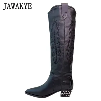 

New black leather Leaf embroidery Knee high boots women pointed rivets studded Kitten heels Cowboy long boots Knight boots Women