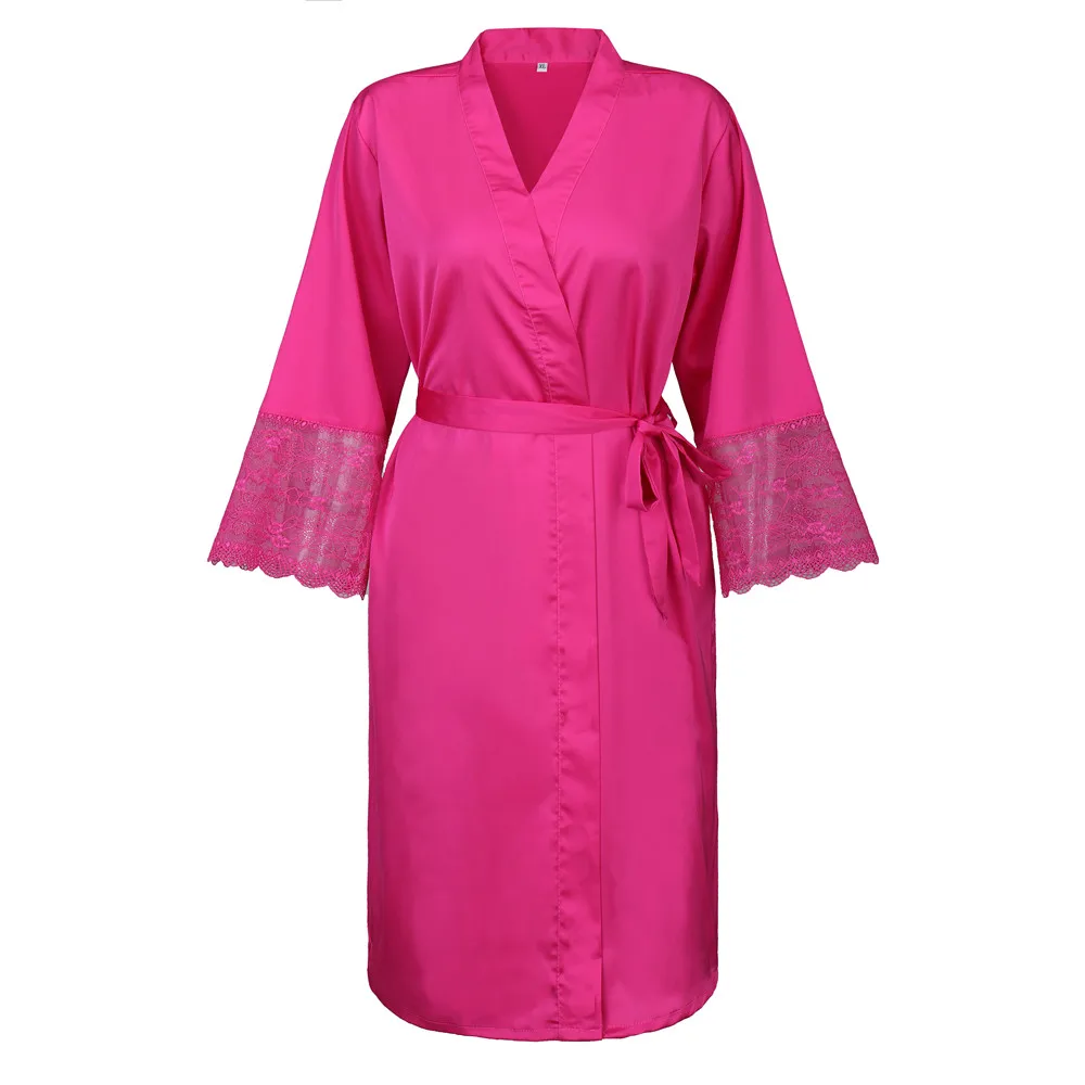 Сексуальные женские Кружево Satin Robe платье однотонные мягкие ночная рубашка кимоно халат пижамы свадебные туфли невесты Халаты - Цвет: Hot Pink Robe