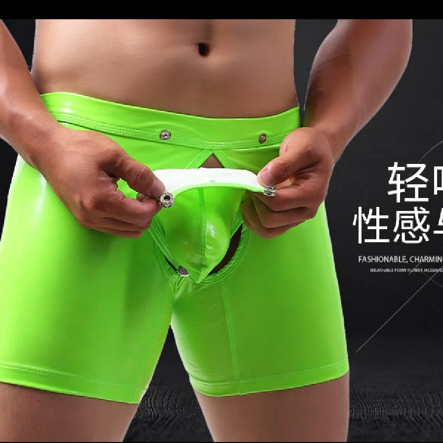Men Patent Leather Sexual Interest Fad Dew Buttocks Boxers Low Waist Front Back Slit Gay Scrotal Pouch Separate Household Shorts | Мужская