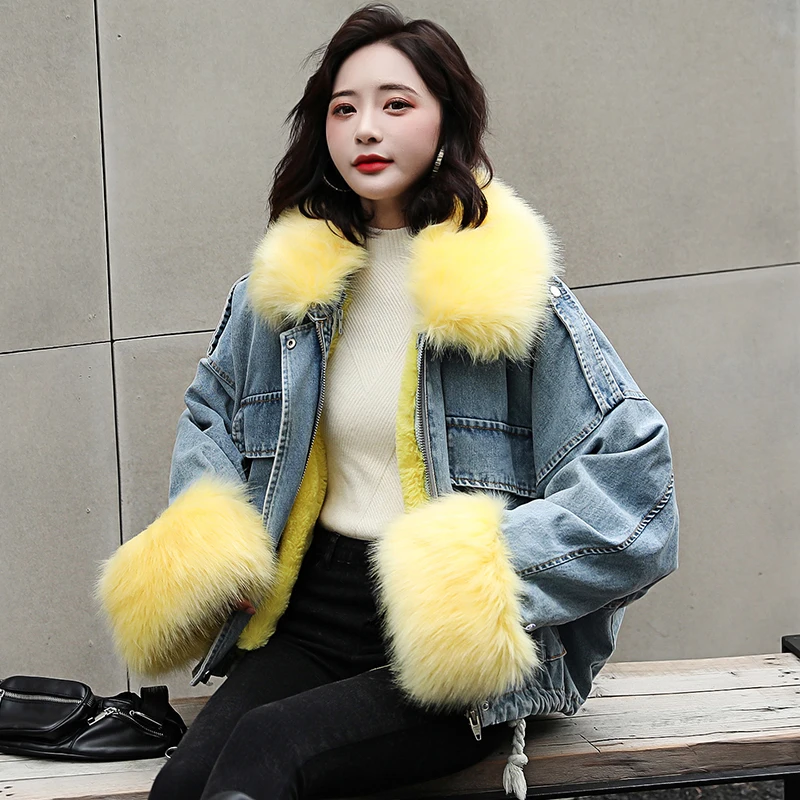 Новинка, модная Корейская утолщенная женская джинсовая куртка, зимняя куртка с длинным рукавом и большим меховым воротником, теплое женское джинсовое пальто, модная верхняя одежда