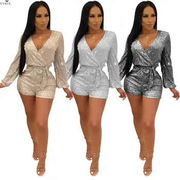 

Sexy Jumpsuit Sequined Long Sleeve Jumpsuit Women V-neck Playsuits Sashes One Piece Suit Fashion One Piece Jumpsuit Women Romper
