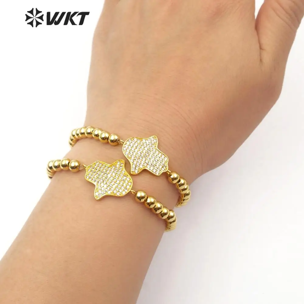 WT-B484 WKT New Arrivals 6mm Brass Beads Micro Pave Cubic Zirconia Hamsa Hand Shape Bracelet Women Fashion Bracelets Jewelry