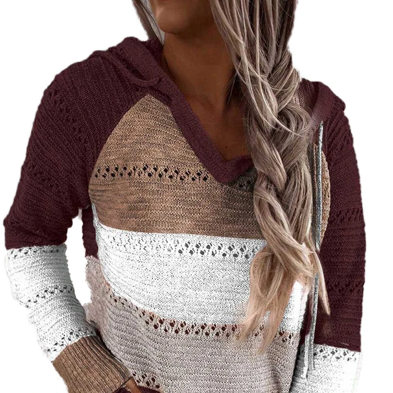 

Autumn Winter Patchwork Hooded Sweaters for Women Long Sleeve V-Neck Slim Pullover Tops Jumper Plus Size Female Knit Sweaters