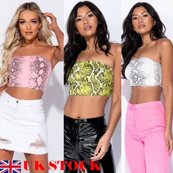 

UK Womens Snake Printed Boob Tube Strapless Bandeau Stretchy Vest Bra Crop Tops