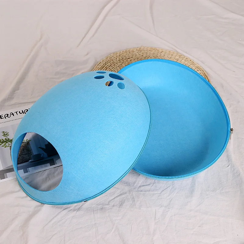 Egg Shape Dog Cat Bed Cat Sleeping Bag Zipper Felt Cloth Winter Warm Pet House All Around Cat Nest With Detachable Cushion Mat - Цвет: sky blue