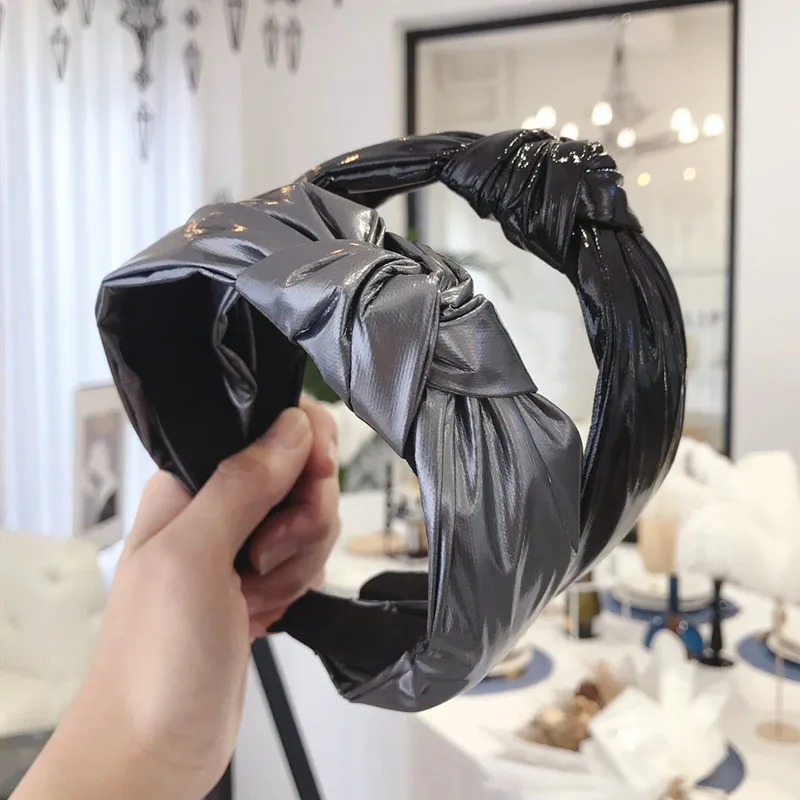 Простые повязки для волос для женщин, одноцветные модные повязки для волос из лакированной кожи с широким узлом, элегантные аксессуары для волос, одежда для волос для девочек 191101