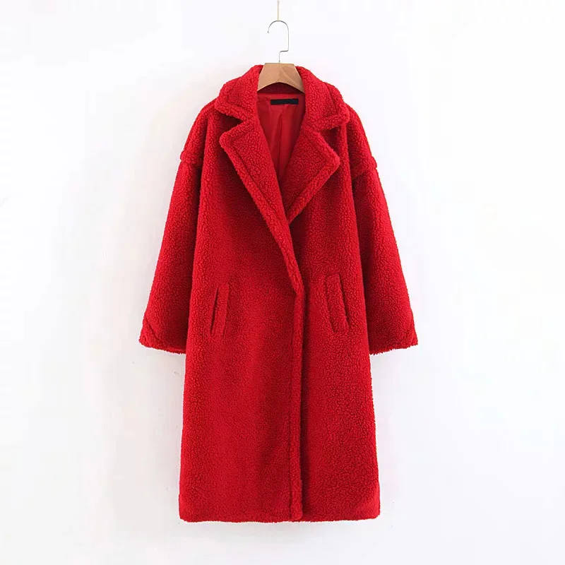 ANSFX стильный искусственный мех зимнее теплое Свободное пальто с длинным рукавом и карманом с отложным воротником Женская Длинная Куртка Верхняя одежда Топы 5 цветов - Цвет: Red