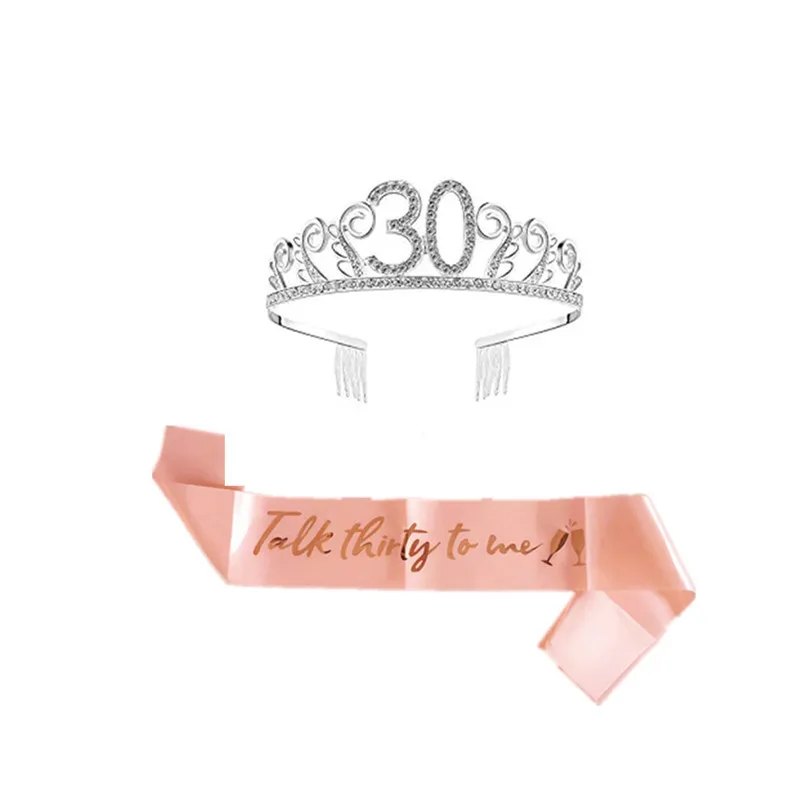 Pink 21/30/40th Birthday Gold Tiara and Fabulous Glitter Satin Sash Happy 30th Party Supplies for 30 | Дом и сад