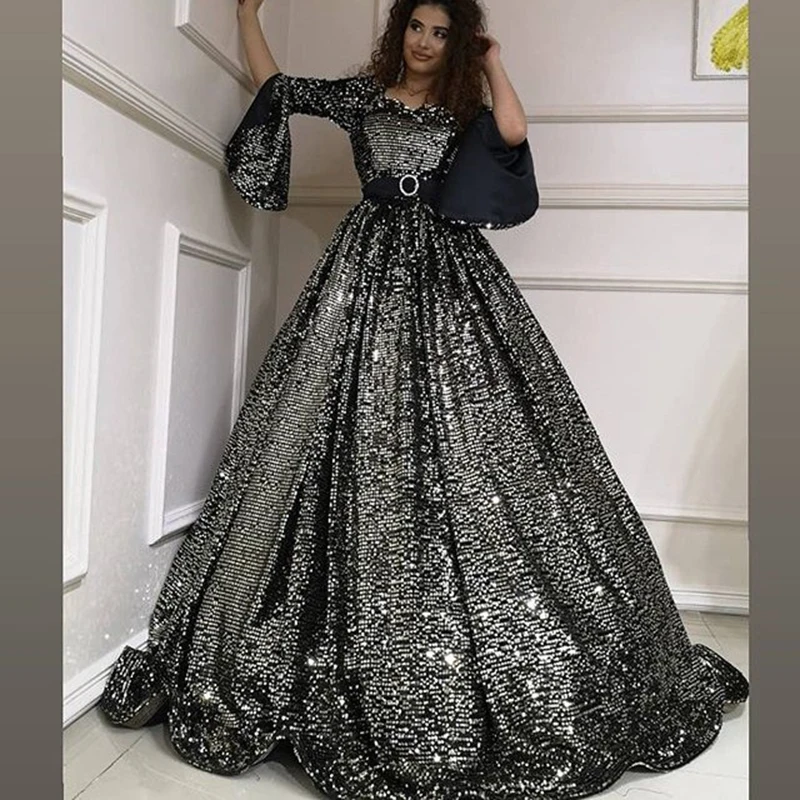 Женские вечерние платья в арабском дубайском стиле, черные длинные вечерние платья с блестками и длинным рукавом Abendkleider