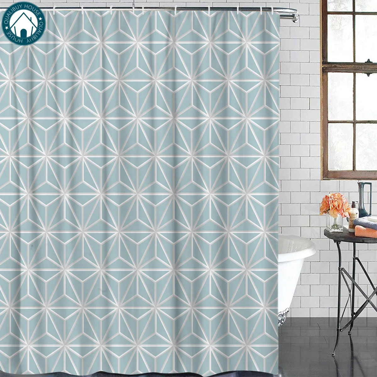 

Sky Blue Modern Geometry Shower Curtain Bathroom Shower Curtain Sets Bath Curtains Childrens Modern Floral Rings Girls Hooks