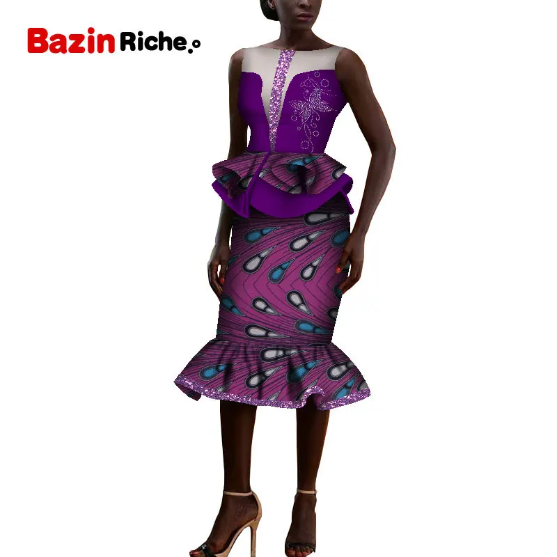 Африканская Дашики, одежда, элегантная женская юбка, комплект femme Bazin Riche, хлопок, плюс размер, два предмета, горячая буровая отделка, wy5403