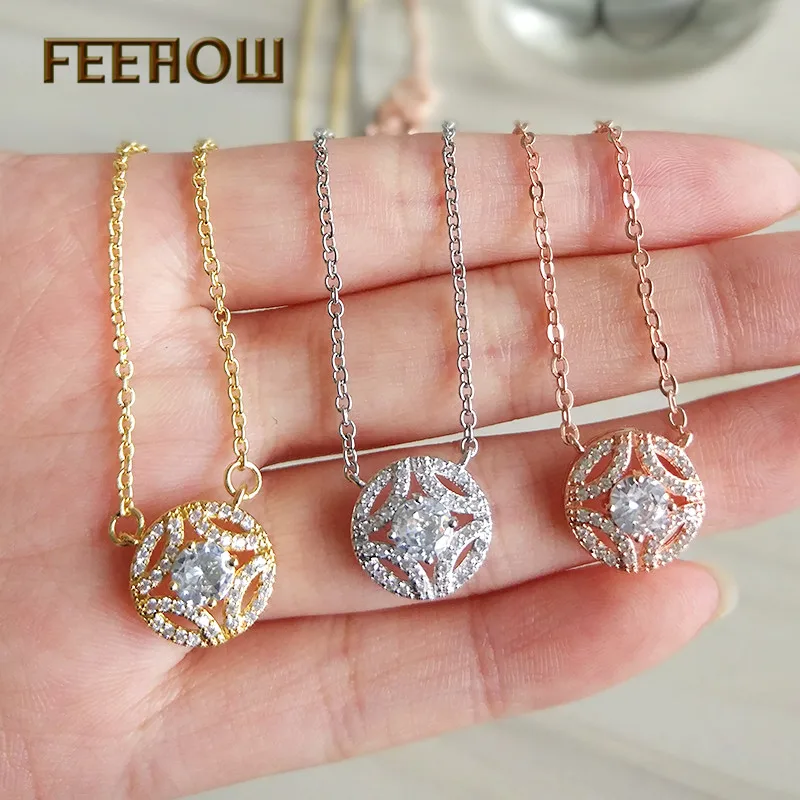 FEEHOW, новая мода, простые круглые кулоны с кубическим цирконием, ожерелья для женщин, для помолвки, свадьбы, вечеринки, подарок, ювелирные изделия, FWNP2092