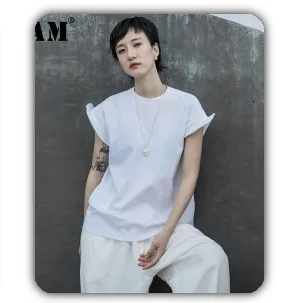 [EAM] Wide Leg Pants Striped Two Piece Suit New Round Neck Short Sleeve Black Loose Fit Women Fashion Spring Autumn 2020 JW5910