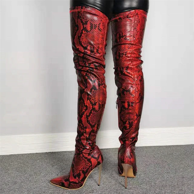 red snakeskin thigh high boots