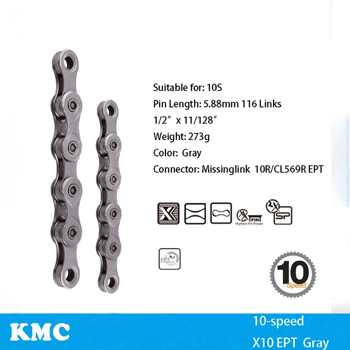 KMC велосипедная цепь X8 X9 X9sl X10 X10sl X11SL X12 велосипедная цепь для Shimano/SRAM 8 9 10 11 12 Скоростей 116л MTB шоссейные велосипедные цепи часть - Цвет: X10 EPT gray