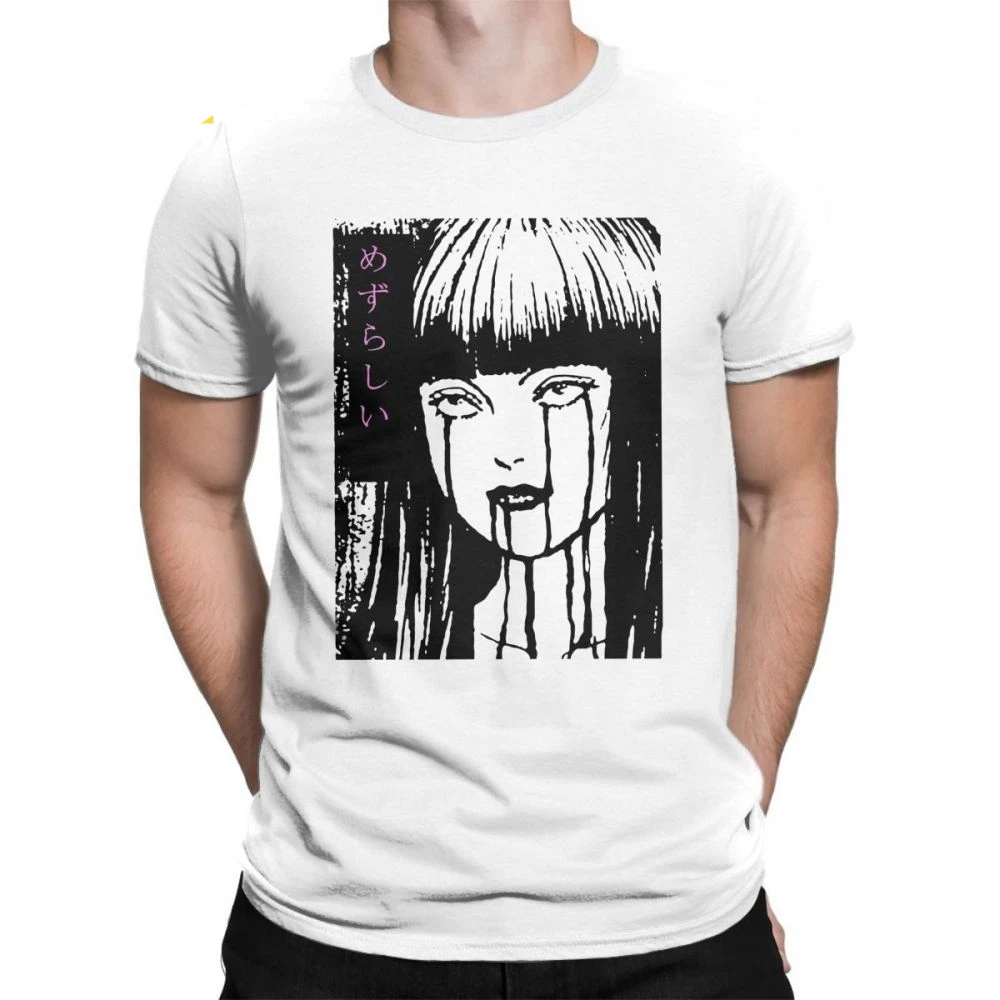

Man's T Shirts Horror Halloween HoJunji Ito Slug Girl Novelty Short Sleeve Tee Shirt Round Neck Tops Pure Cotton Grey T-Shirt