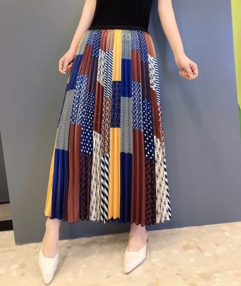 eDressU Vintage Pleated Skirt Floral Print Midi Long Skirt A-Line Stretchy High Waist Bottom Skirt LS-9853