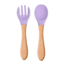 Ensemble de couverts en Silicone souple, cuillère d'alimentation pour bébé, fourchette à manche en bois, couleur bonbon, 2 pièces 