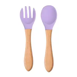 2Pcs Baby Silicone Spoon Fork Wooden Handle Cutlery Set Baby Food Feeding Spoon Candy Color Soft Silicone Cutlery