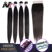Best Price NY Hair Straight Hair Bundles with Closure Peruvian Weave Natural Color 100% Human Hair 4 Bundles With 4*4 Closure Non-Remy Hair