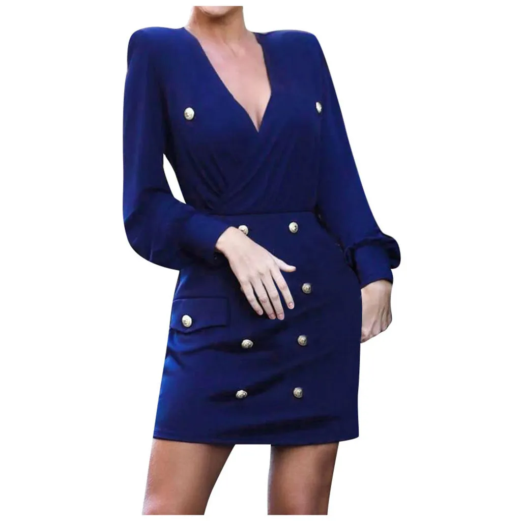 Women S Autumn Fashion Sexy Work Dresses Office With Pure Color And Dark V Collar Buttons Female One Piece Dress Suit Ss Dresses Aliexpress