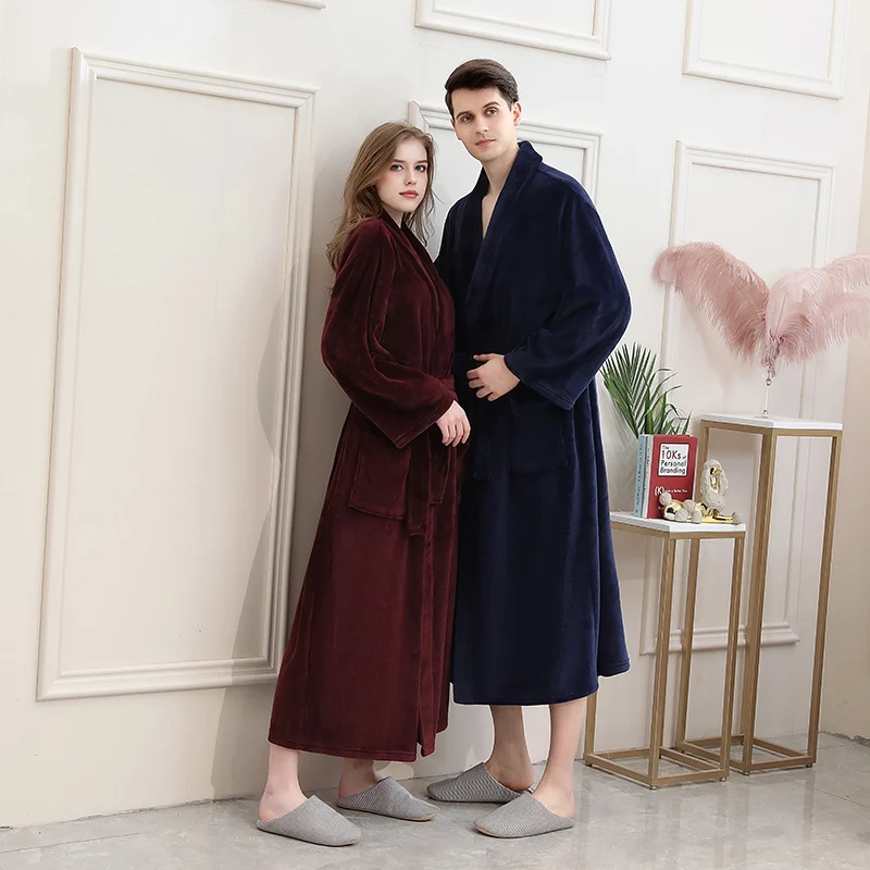 

Autumn And Winter Fashion Warm Robe Solid Color Lace-up Flannel Couple Nightgown Pocket Long Home Robe