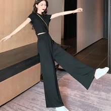 Aliexpress - Korean Slim Lumbar High Waist Wide Leg Pants 2 Two Piece Set Women O Neck Crop Top and Long Pants Set Short Sleeve Causal Sets