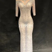 Блестящее перспективное Сетчатое платье, сексуальные Стразы, прозрачное длинное платье, одежда для сценического танца, вечерний праздничный костюм