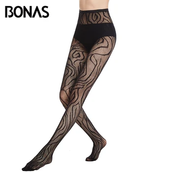 

BONAS Fishnet Tights Sexy Breathable Tights Women Summer Sun Protection Pantyhose Large size Nylon Stripe Slim Stretchy Tights