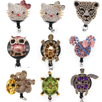 

10 pcs/lot New Arrival Animal Rhinestone Retractable Nurse Id Badge Holder Reel