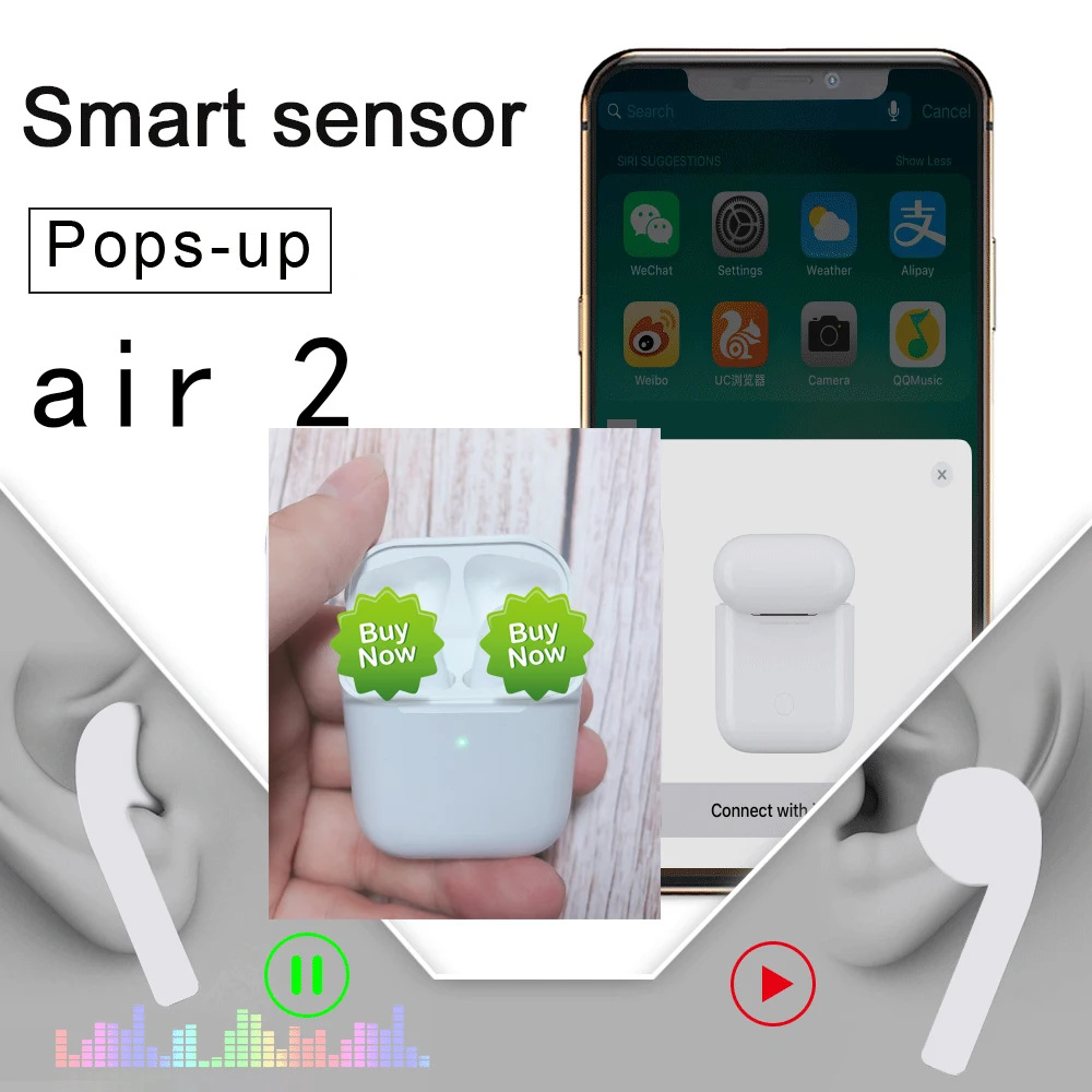 

1:1 I200 Latest Smart Light Sensor Air 2 2nd Pop-up TWS Bluetooth 5.0 Earphone Earbuds Wireless Headphones Bass killer