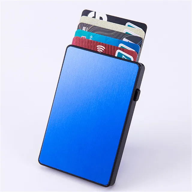 Bisi Goro Men's Bag Ultra Thin Rfid Fashion Pop Up Button Anti Theft Cardholder Aluminum Single Box Smart Wallet Blue X-64
