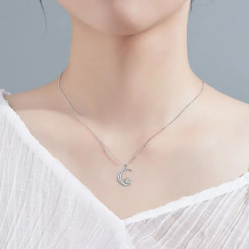 

YAM31 Silver net red Pendant Necklace 925 Sterling Silver Moon Star Necklace