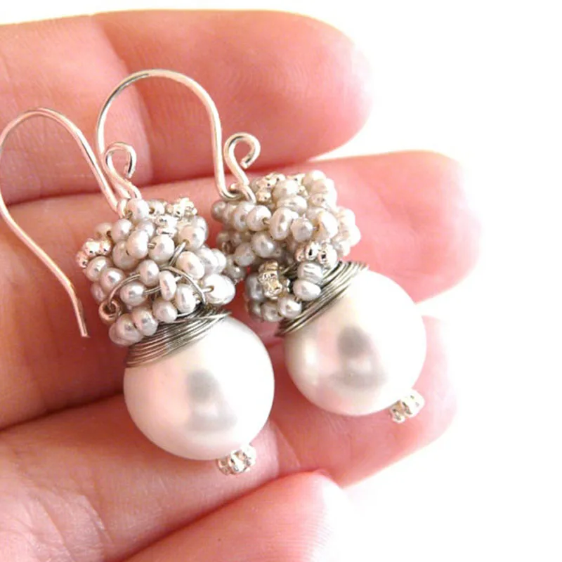 Aquamarine Earrings with Big Faceted Aquamarine and Silver Pearls pearl earrings