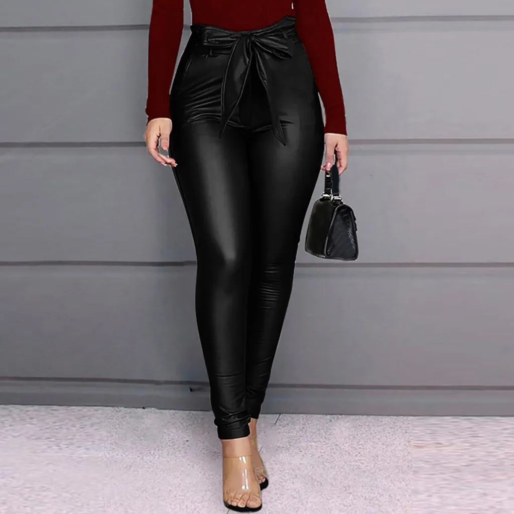 Pantalones con lazo negro para mujer, Pantalón ajustado de cuero, de alta, otoño _ - AliExpress Mobile