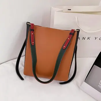 

Simple Style Stitching Color PU Leather Bucket Bags For Women 2020 Shoulder Handbag Female Cross Body Branded Trending Hand Bag