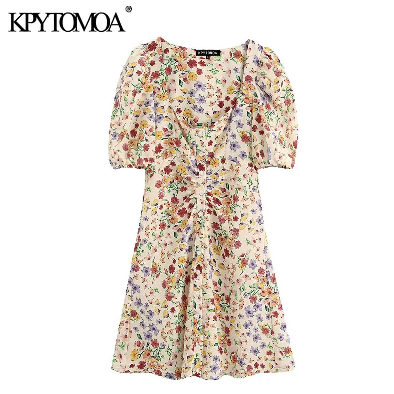 KPYTOMOA Women 2020 Chic Fashion Floral Print Button-up Mini Dress Vintage V Neck Puff Sleeve Female Dresses Vestidos Mujer KPYTOMOA Women 2020 Chic Fashion Floral Print Button-up Mini Dress Vintage V Neck Puff Sleeve Female Dresses Vestidos Mujer
