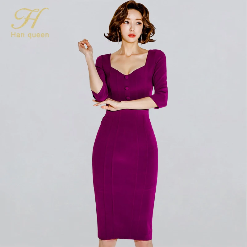 H Han Queen 2020 Spring Office Lady Bodycon Dress Women Slim Knee-length Work Casual Dresses OL Business Party Pencil Vestidos | Женская