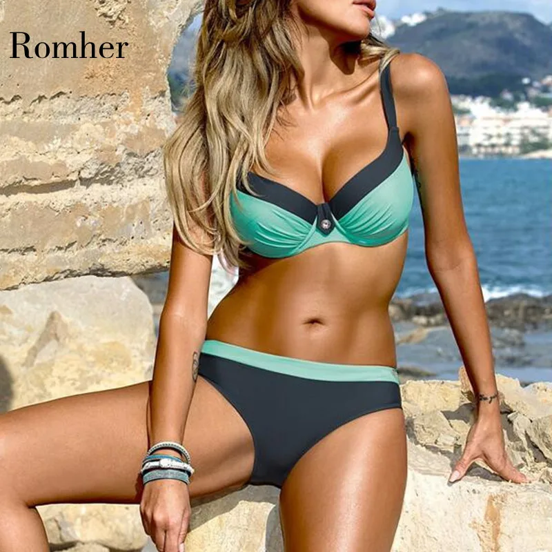 

Romher 2020 New Striped Women Push Up Halter Bikinis Swimsuit Sexy Patchwork Bikini Set Swimwear Female Beachwear Biquini XXL
