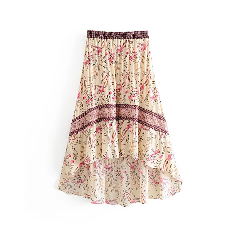 Boho шикарные летние винтажные цветочные печати Асимметричные женские плиссированные юбки модные эластичные талии пляжные длинные юбки faldas mujer