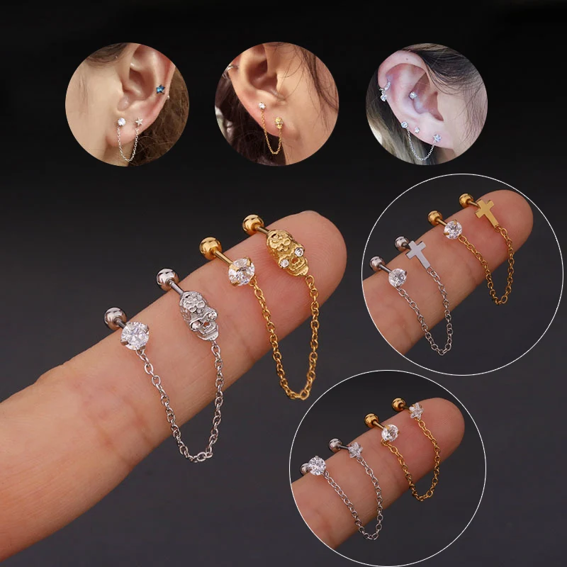 1Pc 1.2*6mm 5 Shape Zircon Gem Tassel Earrings Helix Piercing Tragus Piercing Oreja Nose Ring Ear Piercing Body Jewelry Women