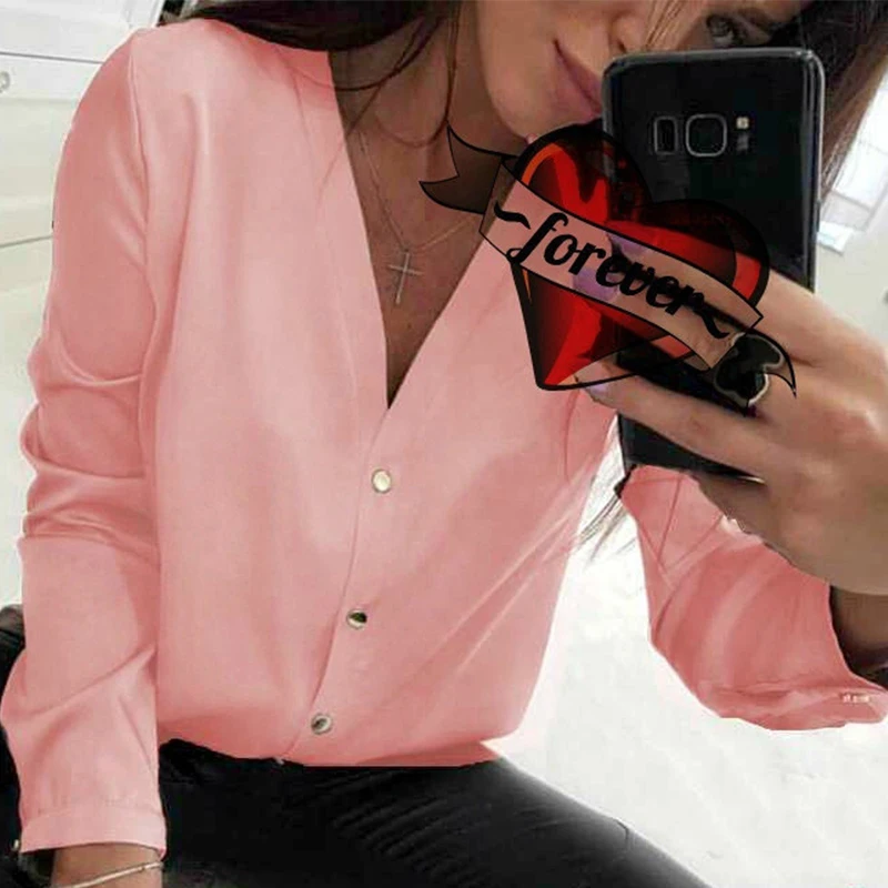 

2020 Female Solid Autumn Blusas Mujer De Moda Casual v Neck Women Tops And Blouse Ladies Long Sleeve Button Office Shirts