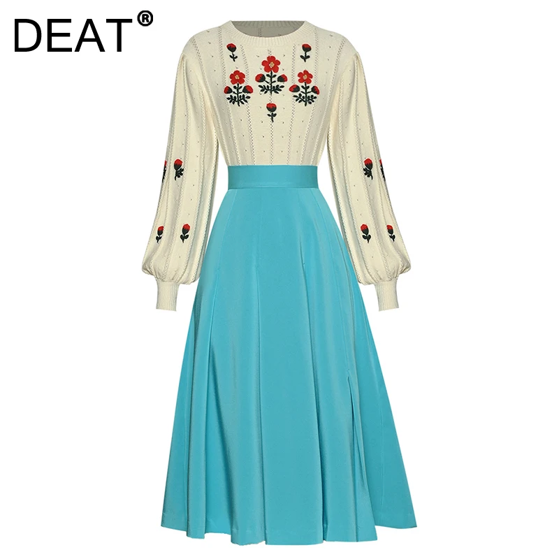 DEAT Women Suit Embroidery Flower Round Collar Full Sleeve Sweater + Midi Skirt Blue Casual Style 2021 Spring Fashion 15AB304 |