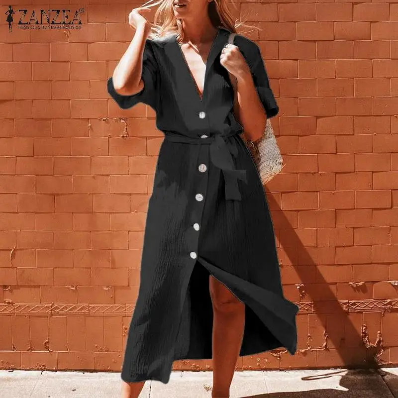 Najtaniej Moda kobiety V neck z krótkim rękawem Sundress ZANZEA elegancka klapa przyciski dół długa sukienka koszulowa Casual solidna praca OL Vestido 5XL