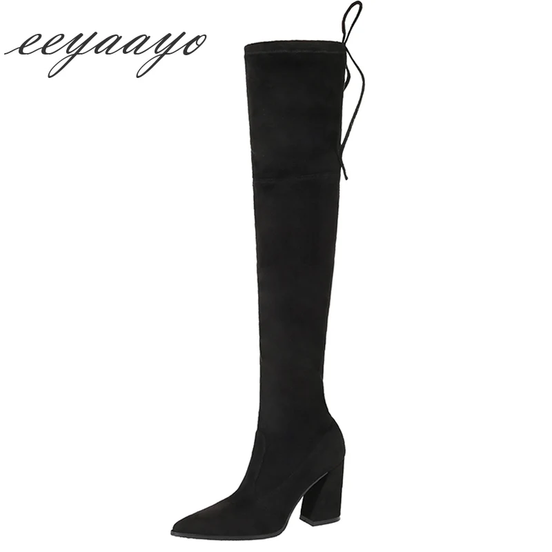 

2019 New Winter Elastic Women Over-The-Knee Boots High Square Heel Pointed Toe Sexy Ladies Women Shoes Black Thigh High Boots